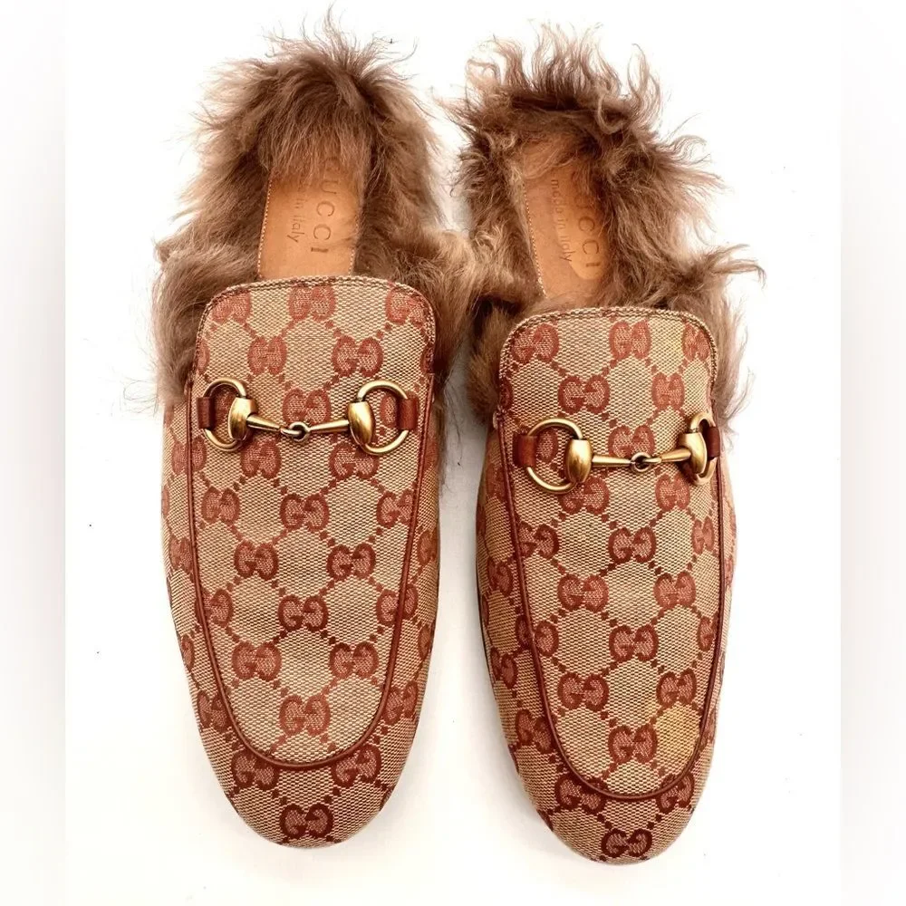 Gucci Princetown Horsebit Brown GG Print Canvas Fur Slippers Loafers US 7 EU 41
